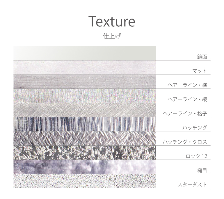 手作りバングルの表面仕上げは10種類の仕上げがあり組み合わせも自由に選べます